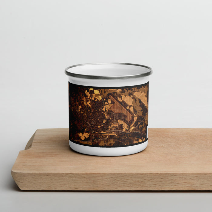 Front View Custom Rome New York Map Enamel Mug in Ember on Cutting Board