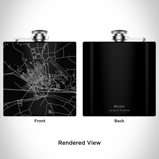 Rendered View of Rome New York Map Engraving on 6oz Stainless Steel Flask in Black