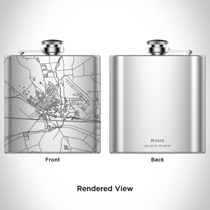 Rendered View of Rome New York Map Engraving on 6oz Stainless Steel Flask