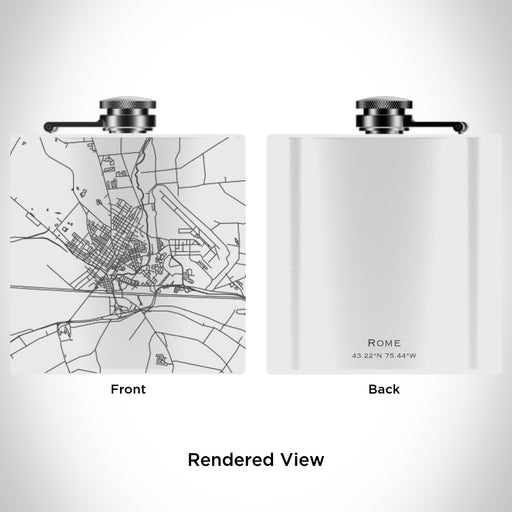 Rendered View of Rome New York Map Engraving on 6oz Stainless Steel Flask in White