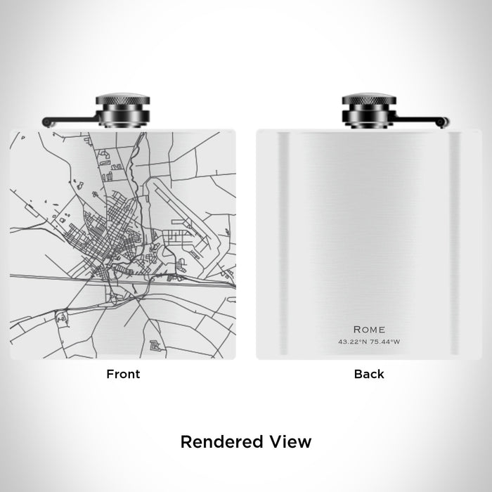 Rendered View of Rome New York Map Engraving on 6oz Stainless Steel Flask in White