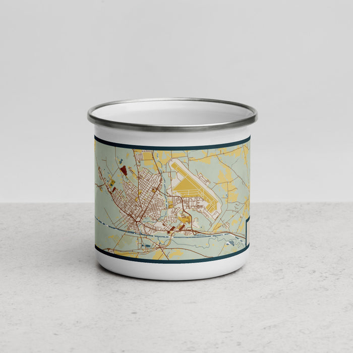 Front View Custom Rome New York Map Enamel Mug in Woodblock