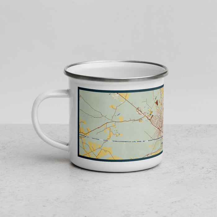 Left View Custom Rome New York Map Enamel Mug in Woodblock