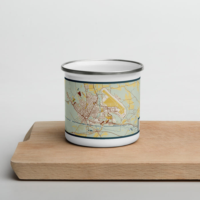 Front View Custom Rome New York Map Enamel Mug in Woodblock on Cutting Board