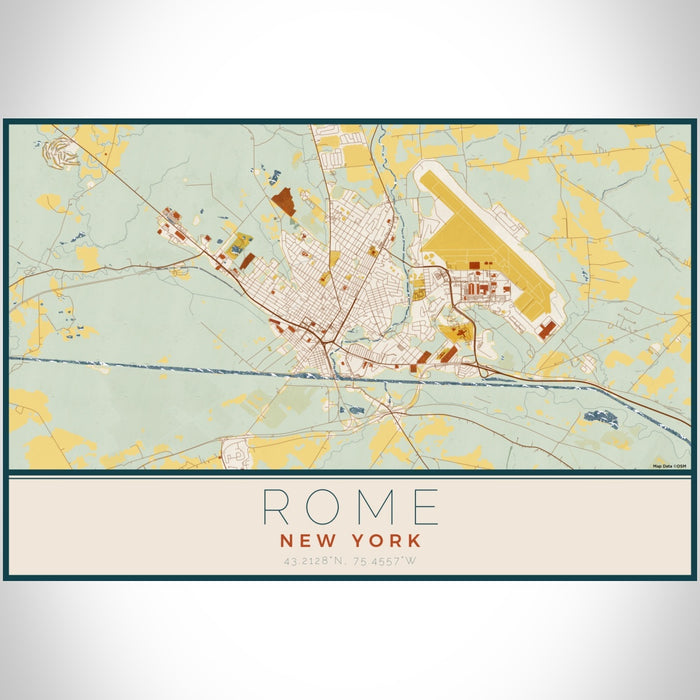 Rome New York Map Print Landscape Orientation in Woodblock Style With Shaded Background