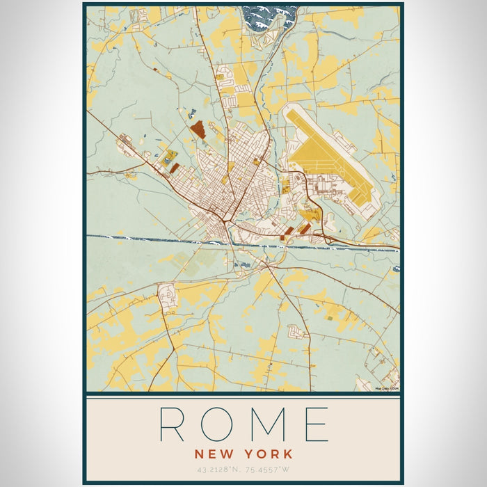 Rome New York Map Print Portrait Orientation in Woodblock Style With Shaded Background