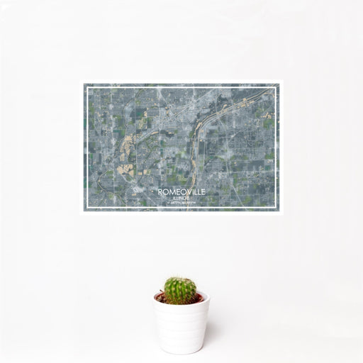 12x18 Romeoville Illinois Map Print Landscape Orientation in Afternoon Style With Small Cactus Plant in White Planter