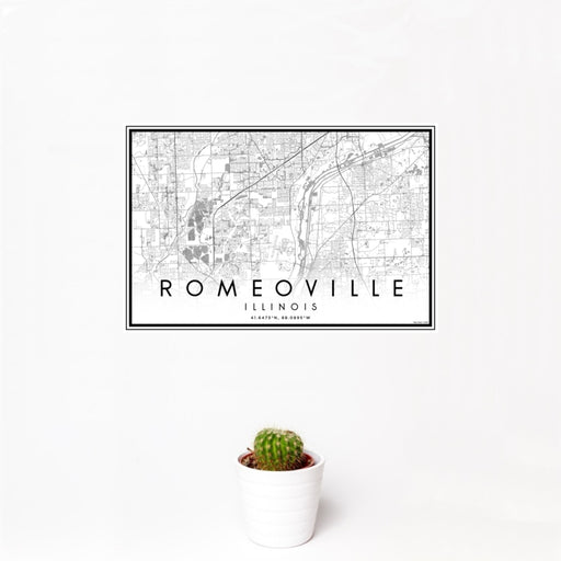 12x18 Romeoville Illinois Map Print Landscape Orientation in Classic Style With Small Cactus Plant in White Planter