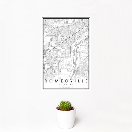12x18 Romeoville Illinois Map Print Portrait Orientation in Classic Style With Small Cactus Plant in White Planter
