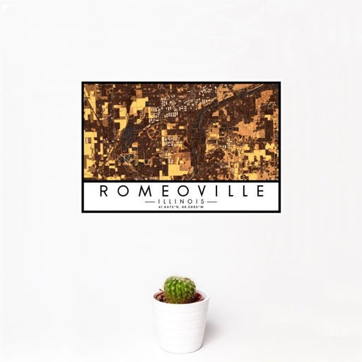 12x18 Romeoville Illinois Map Print Landscape Orientation in Ember Style With Small Cactus Plant in White Planter