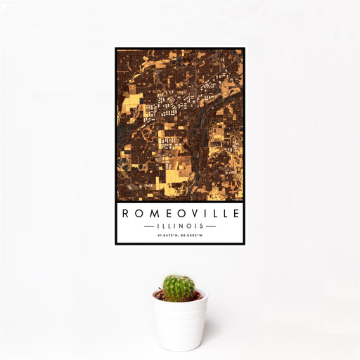 12x18 Romeoville Illinois Map Print Portrait Orientation in Ember Style With Small Cactus Plant in White Planter