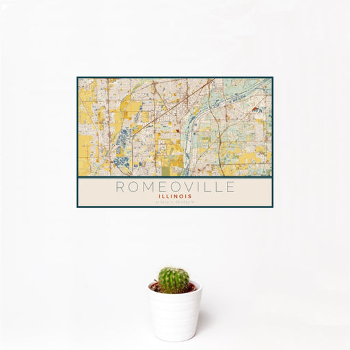 12x18 Romeoville Illinois Map Print Landscape Orientation in Woodblock Style With Small Cactus Plant in White Planter