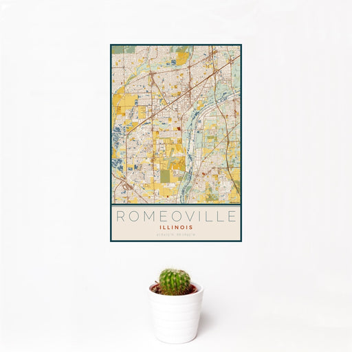 12x18 Romeoville Illinois Map Print Portrait Orientation in Woodblock Style With Small Cactus Plant in White Planter