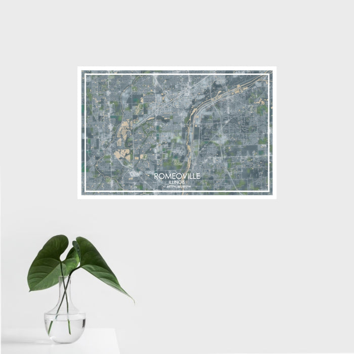 16x24 Romeoville Illinois Map Print Landscape Orientation in Afternoon Style With Tropical Plant Leaves in Water