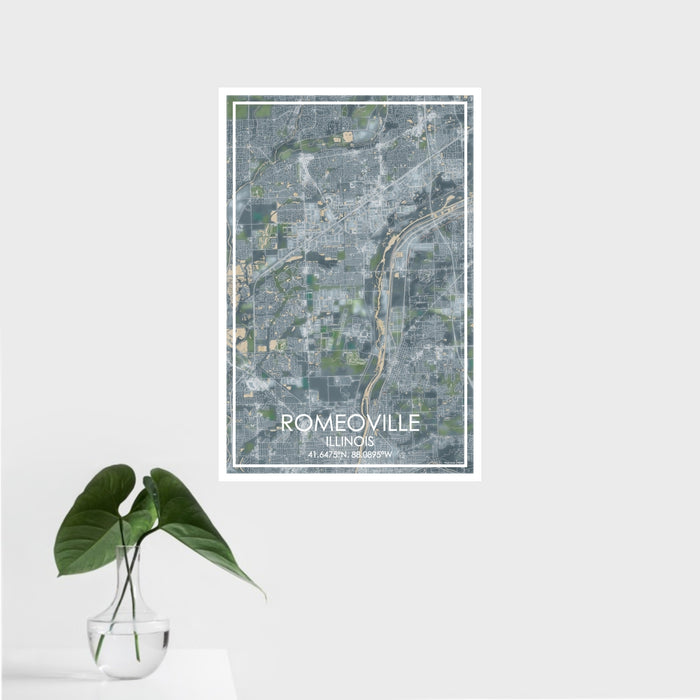 16x24 Romeoville Illinois Map Print Portrait Orientation in Afternoon Style With Tropical Plant Leaves in Water