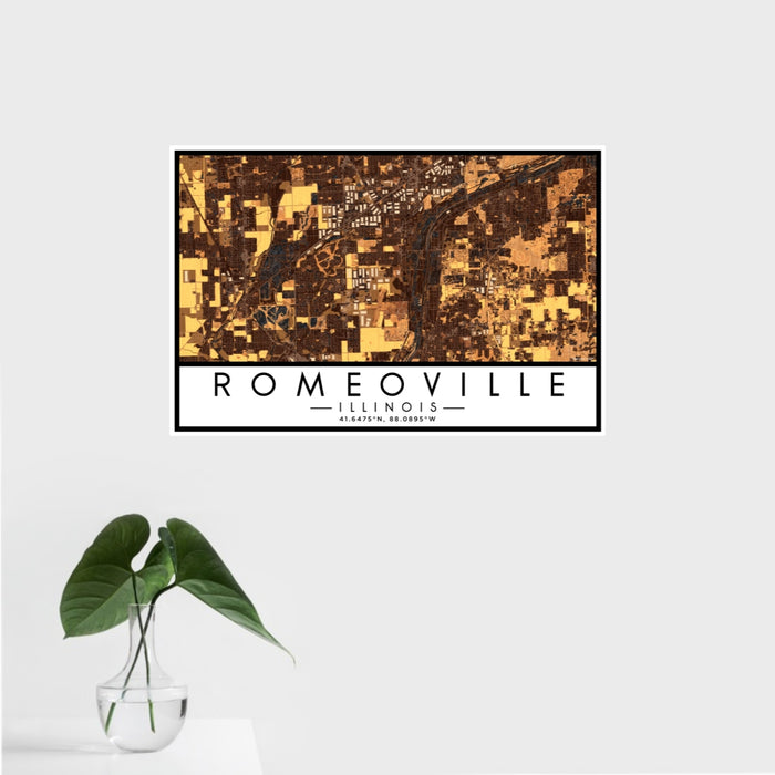 16x24 Romeoville Illinois Map Print Landscape Orientation in Ember Style With Tropical Plant Leaves in Water