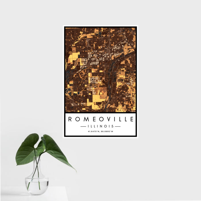 16x24 Romeoville Illinois Map Print Portrait Orientation in Ember Style With Tropical Plant Leaves in Water
