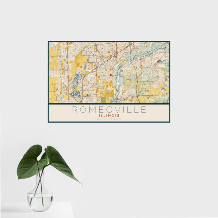 16x24 Romeoville Illinois Map Print Landscape Orientation in Woodblock Style With Tropical Plant Leaves in Water
