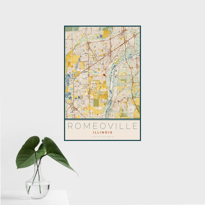 16x24 Romeoville Illinois Map Print Portrait Orientation in Woodblock Style With Tropical Plant Leaves in Water