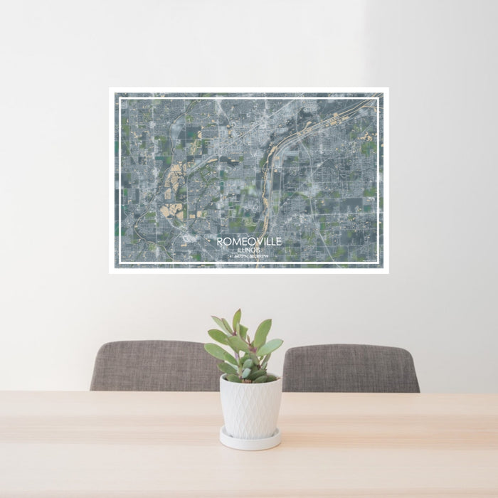 24x36 Romeoville Illinois Map Print Lanscape Orientation in Afternoon Style Behind 2 Chairs Table and Potted Plant