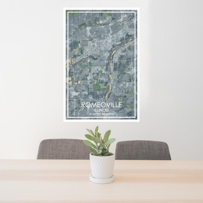 24x36 Romeoville Illinois Map Print Portrait Orientation in Afternoon Style Behind 2 Chairs Table and Potted Plant