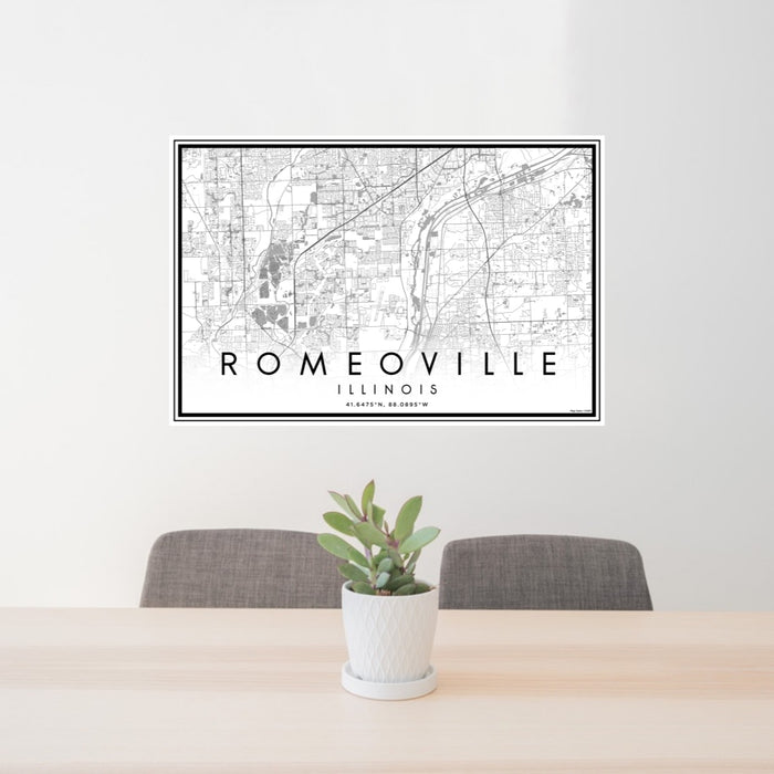 24x36 Romeoville Illinois Map Print Lanscape Orientation in Classic Style Behind 2 Chairs Table and Potted Plant