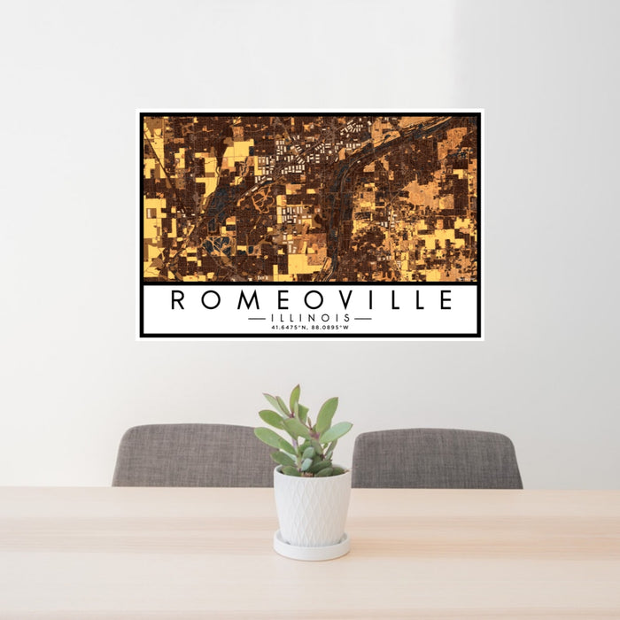 24x36 Romeoville Illinois Map Print Lanscape Orientation in Ember Style Behind 2 Chairs Table and Potted Plant