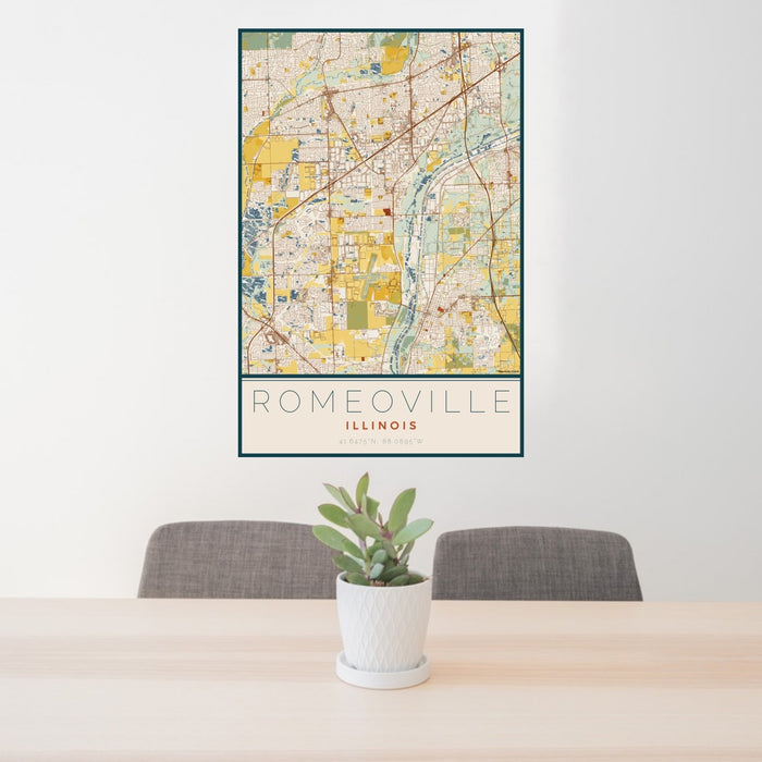 24x36 Romeoville Illinois Map Print Portrait Orientation in Woodblock Style Behind 2 Chairs Table and Potted Plant