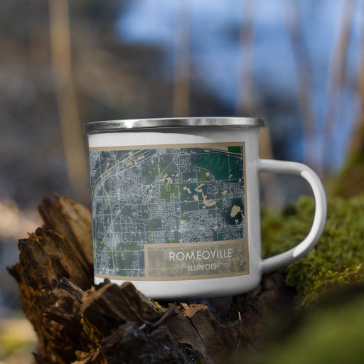 Right View Custom Romeoville Illinois Map Enamel Mug in Afternoon on Grass With Trees in Background