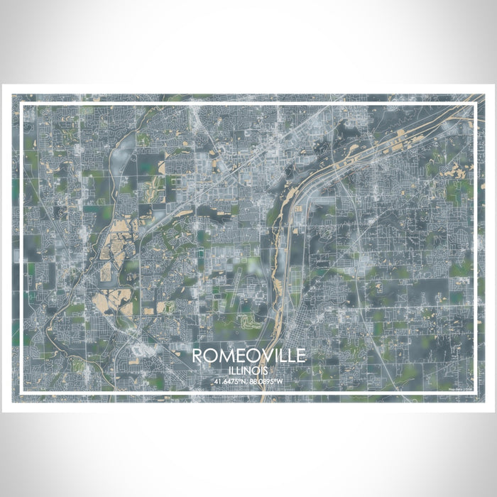 Romeoville Illinois Map Print Landscape Orientation in Afternoon Style With Shaded Background
