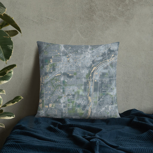 Custom Romeoville Illinois Map Throw Pillow in Afternoon on Bedding Against Wall