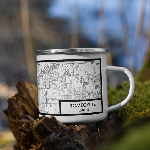 Right View Custom Romeoville Illinois Map Enamel Mug in Classic on Grass With Trees in Background