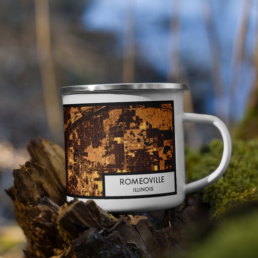 Right View Custom Romeoville Illinois Map Enamel Mug in Ember on Grass With Trees in Background