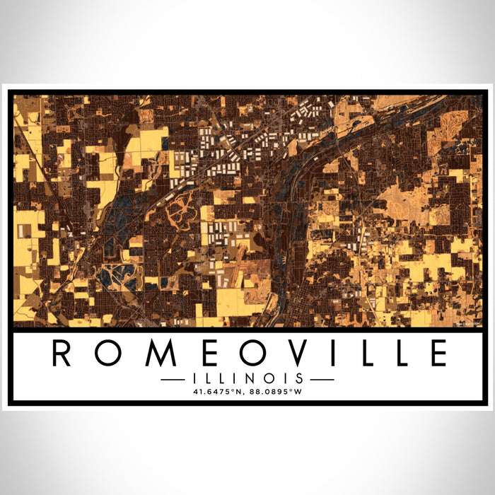 Romeoville Illinois Map Print Landscape Orientation in Ember Style With Shaded Background