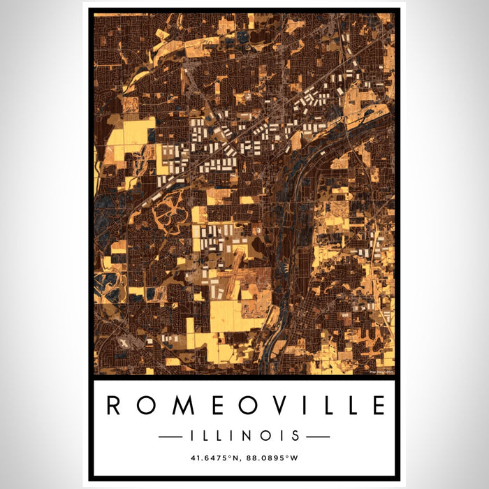 Romeoville Illinois Map Print Portrait Orientation in Ember Style With Shaded Background
