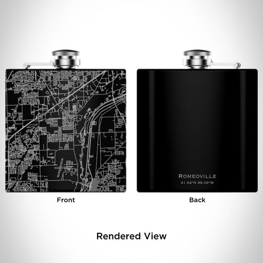 Rendered View of Romeoville Illinois Map Engraving on 6oz Stainless Steel Flask in Black