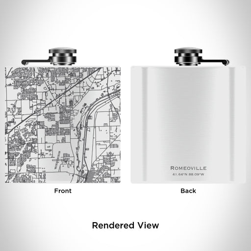 Rendered View of Romeoville Illinois Map Engraving on 6oz Stainless Steel Flask in White