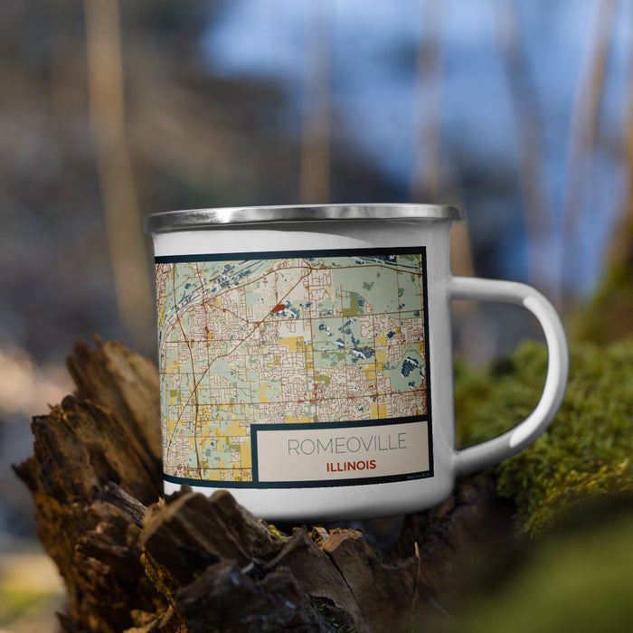 Right View Custom Romeoville Illinois Map Enamel Mug in Woodblock on Grass With Trees in Background
