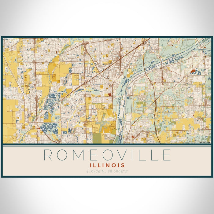 Romeoville Illinois Map Print Landscape Orientation in Woodblock Style With Shaded Background
