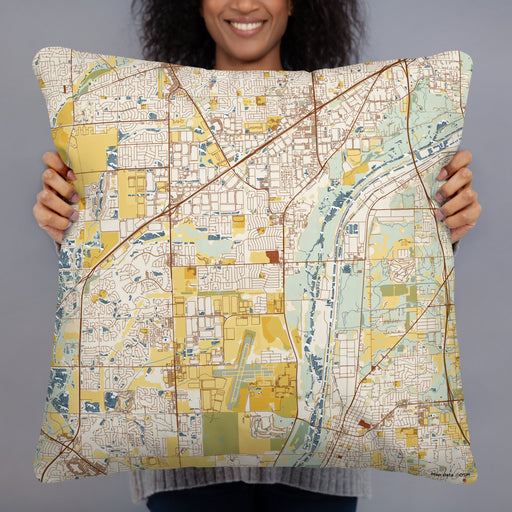 Person holding 22x22 Custom Romeoville Illinois Map Throw Pillow in Woodblock