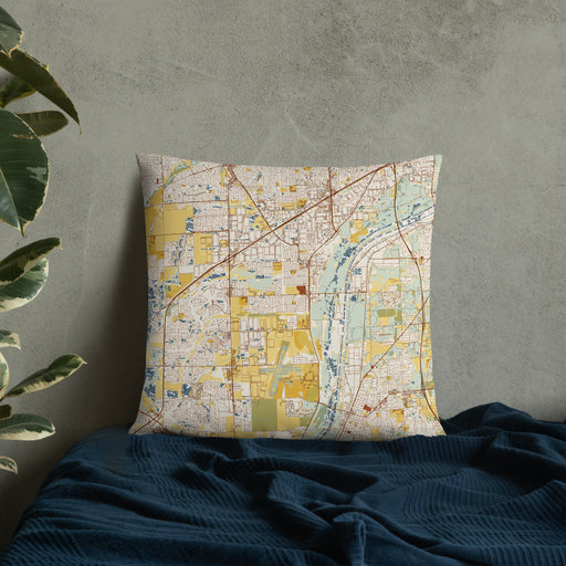 Custom Romeoville Illinois Map Throw Pillow in Woodblock on Bedding Against Wall