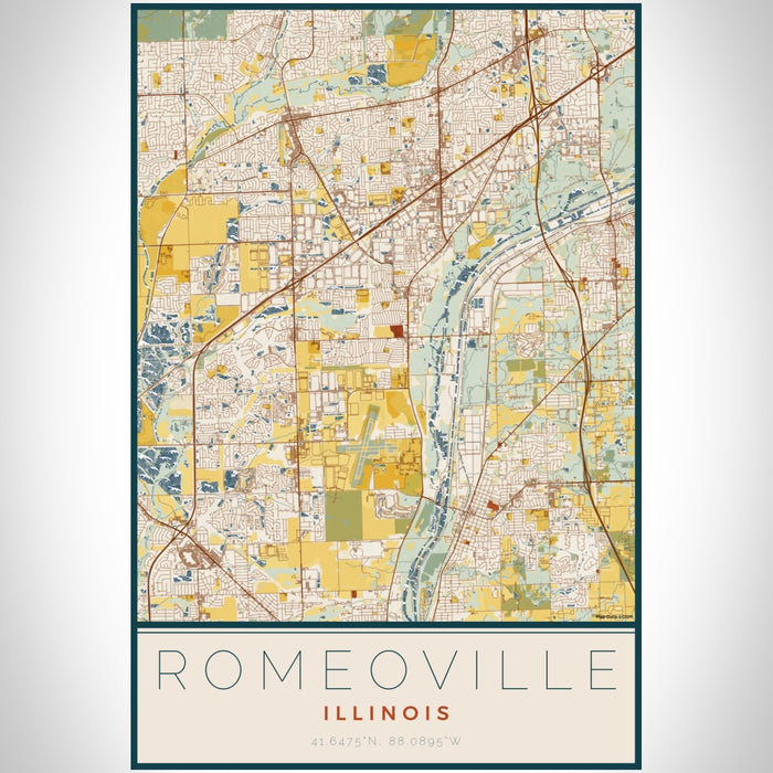 Romeoville Illinois Map Print Portrait Orientation in Woodblock Style With Shaded Background