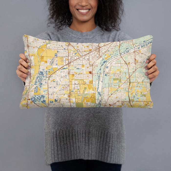 Person holding 20x12 Custom Romeoville Illinois Map Throw Pillow in Woodblock