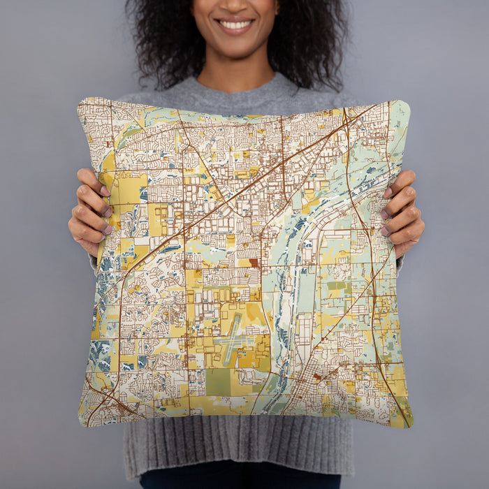 Person holding 18x18 Custom Romeoville Illinois Map Throw Pillow in Woodblock
