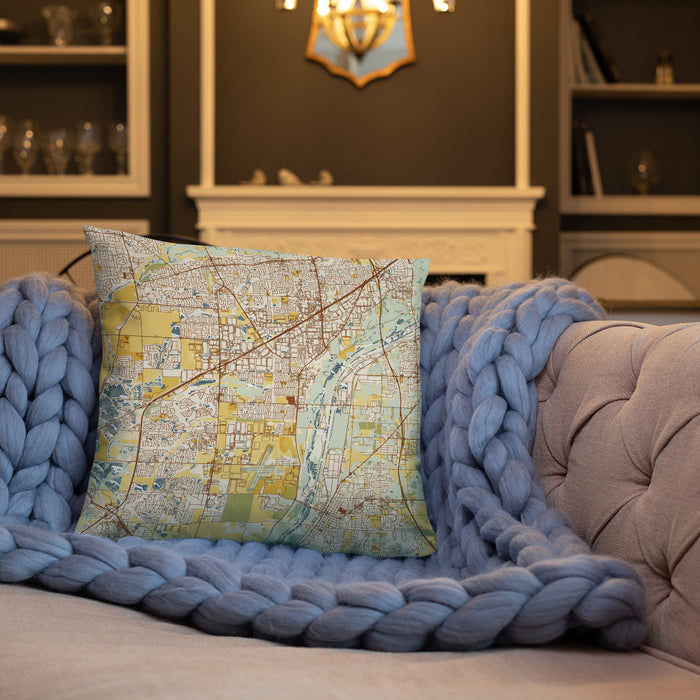 Custom Romeoville Illinois Map Throw Pillow in Woodblock on Cream Colored Couch