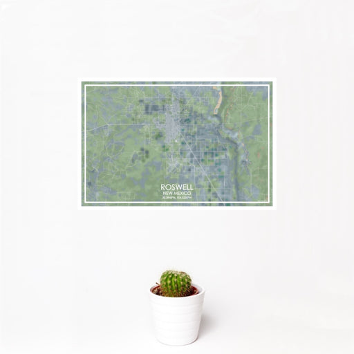 12x18 Roswell New Mexico Map Print Landscape Orientation in Afternoon Style With Small Cactus Plant in White Planter