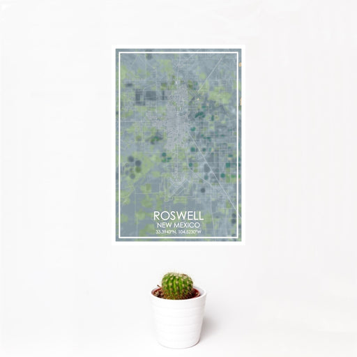 12x18 Roswell New Mexico Map Print Portrait Orientation in Afternoon Style With Small Cactus Plant in White Planter