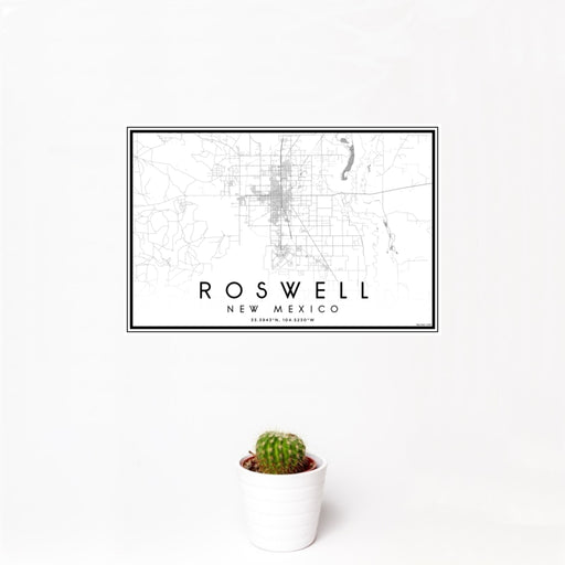 12x18 Roswell New Mexico Map Print Landscape Orientation in Classic Style With Small Cactus Plant in White Planter