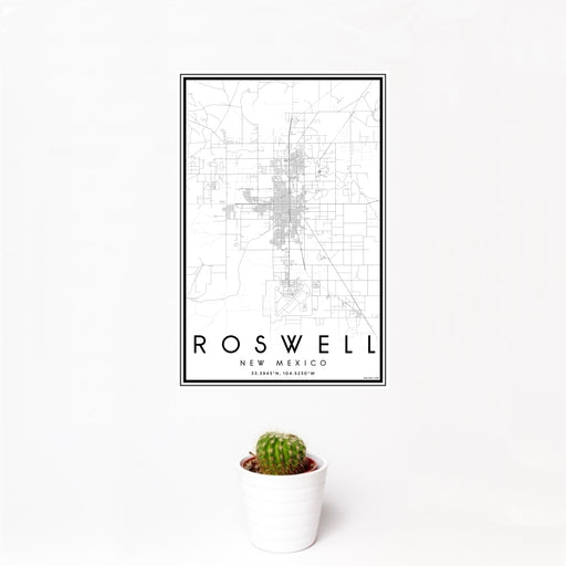 12x18 Roswell New Mexico Map Print Portrait Orientation in Classic Style With Small Cactus Plant in White Planter