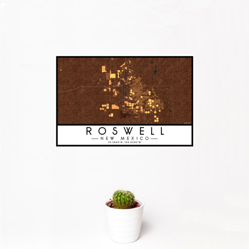 12x18 Roswell New Mexico Map Print Landscape Orientation in Ember Style With Small Cactus Plant in White Planter